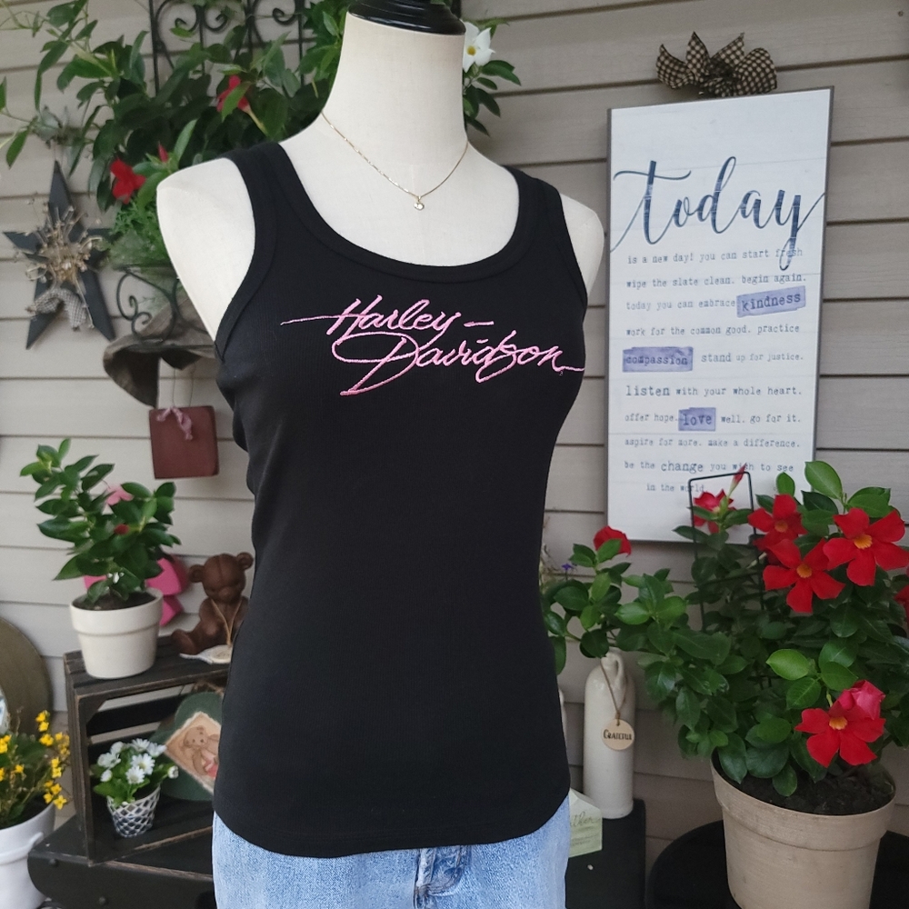 HARLEY-DAVIDSON ♡ Sweet Black 'n Pink Embroidered Script Stretchy H-D Tank Top S